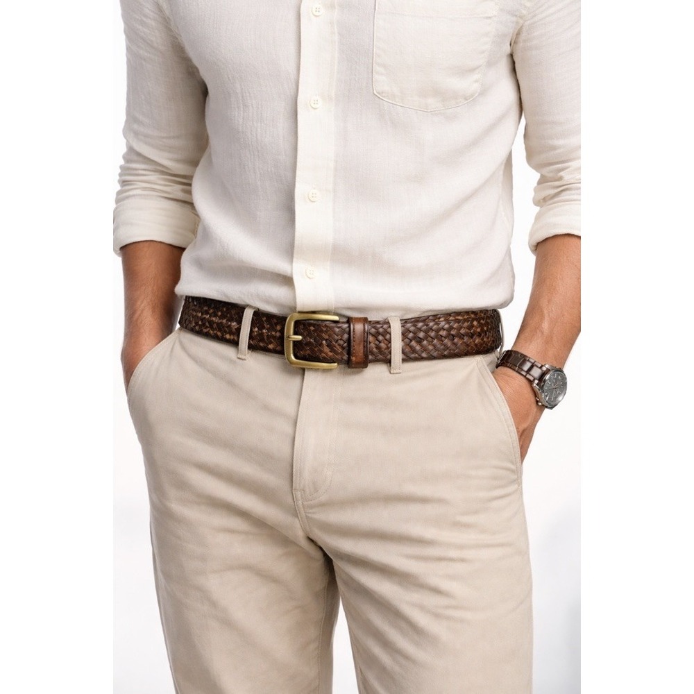 Men Brown Braided Belt Leather Woven Size 42" Adjust Brass Belt Buckle Vintage